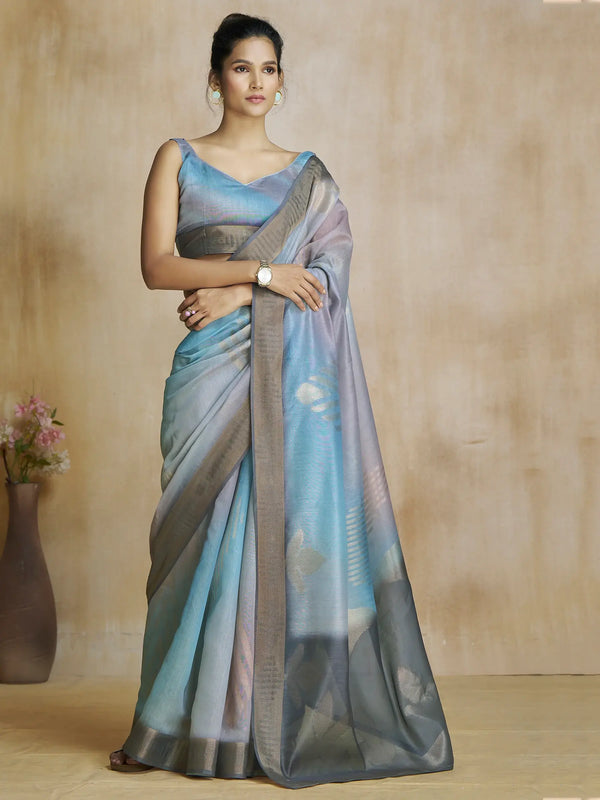 Charming Blue Digital Printed Silk Festival Wear Saree With Blouse - Zeel Clothing