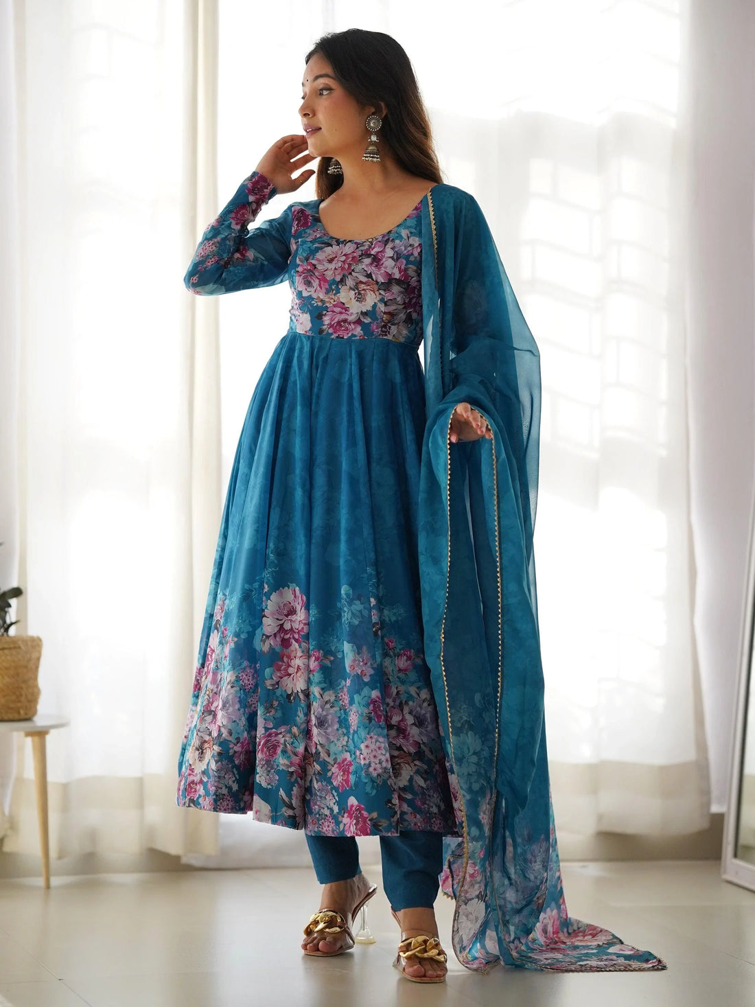 Charming Blue Floral Printed Organza Festival Wear Anarkali Suit