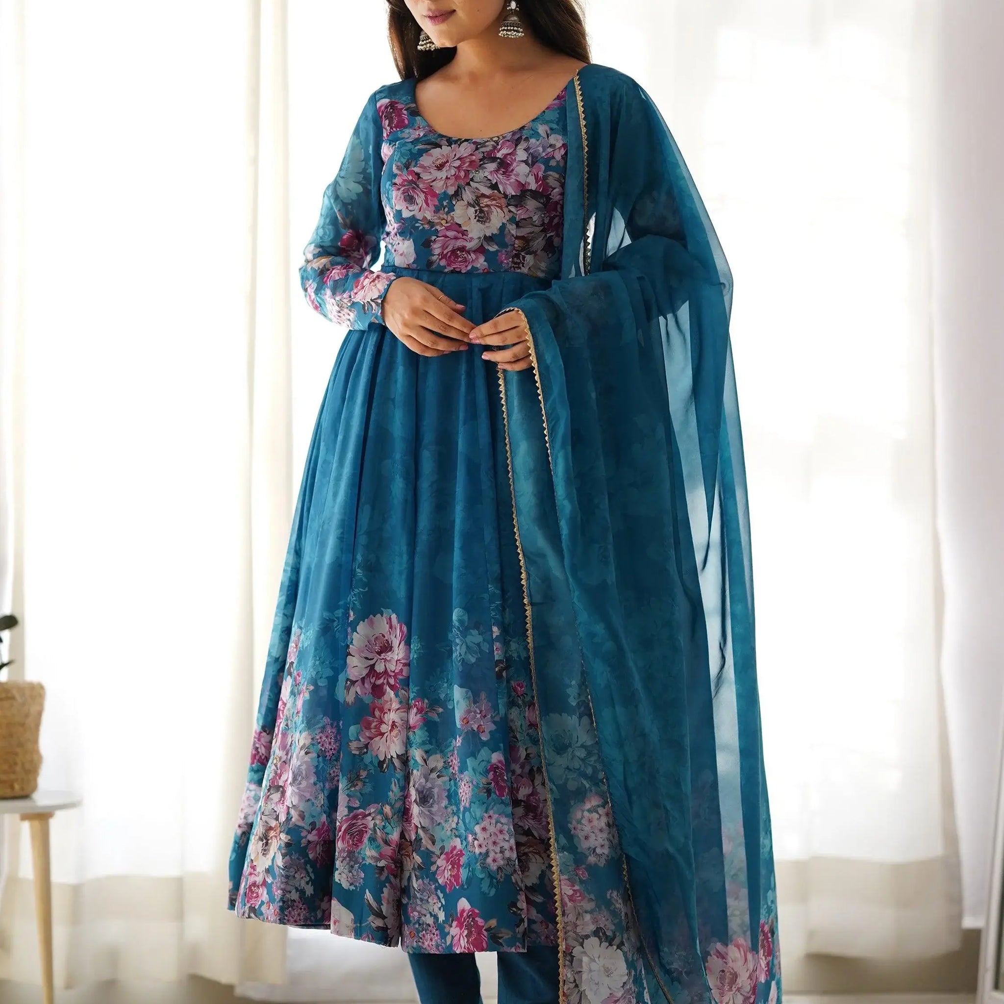 Charming Blue Floral Printed Organza Festival Wear Anarkali Suit - Zeel Clothing