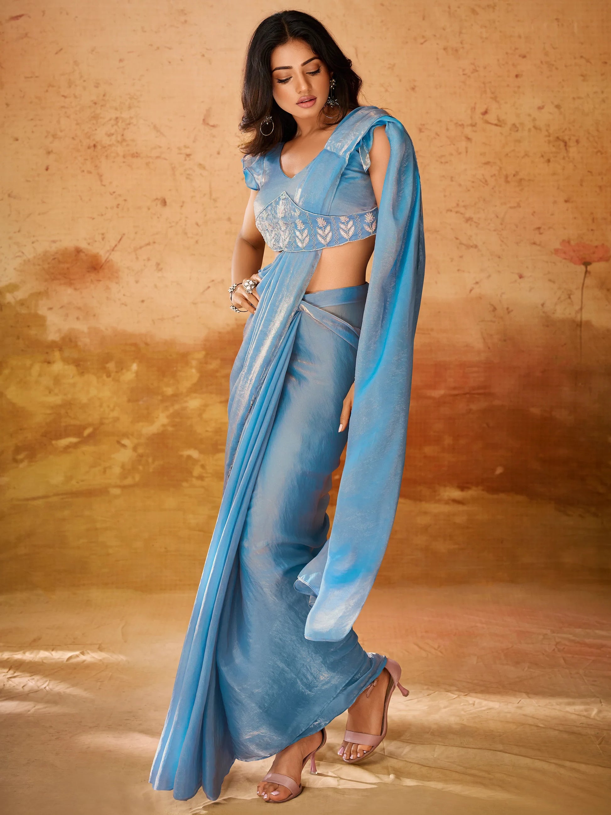 Charming Blue Organza Ready To Wear Saree With Blouse - Zeel Clothing