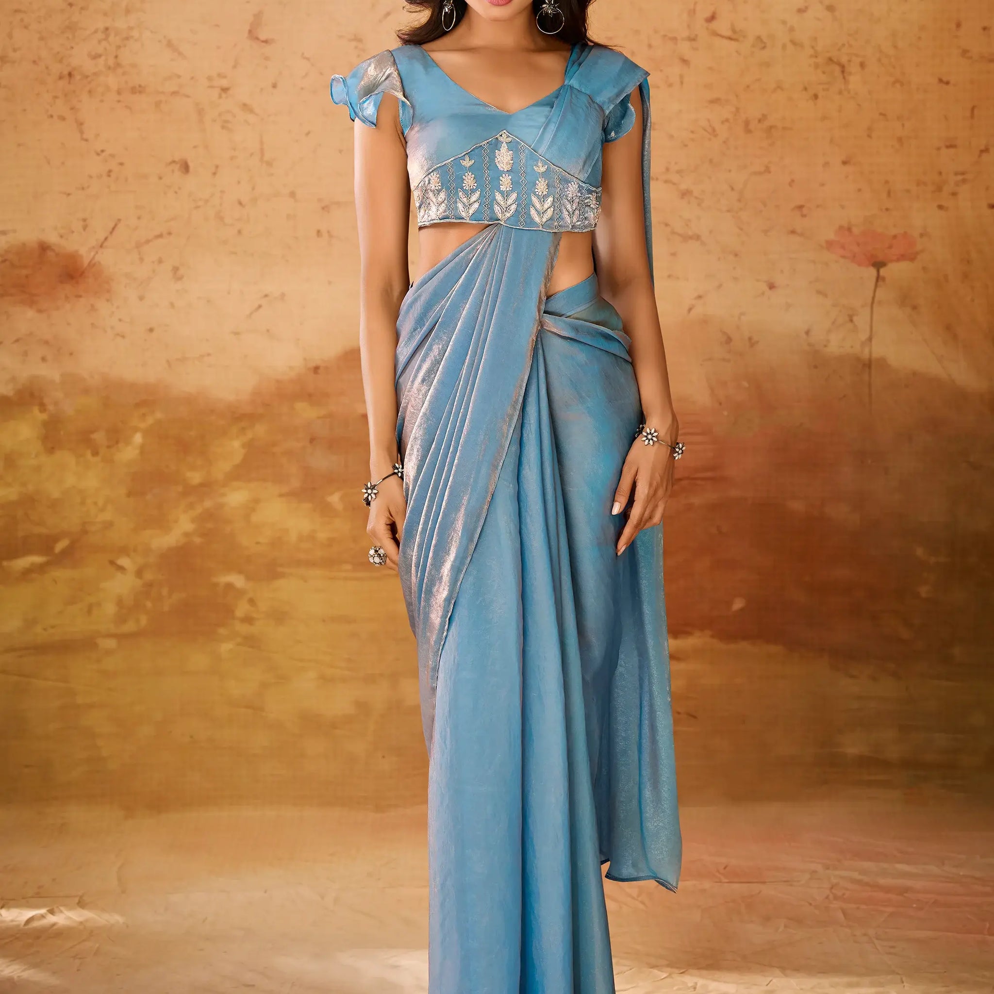 Charming Blue Organza Ready To Wear Saree With Blouse - Zeel Clothing