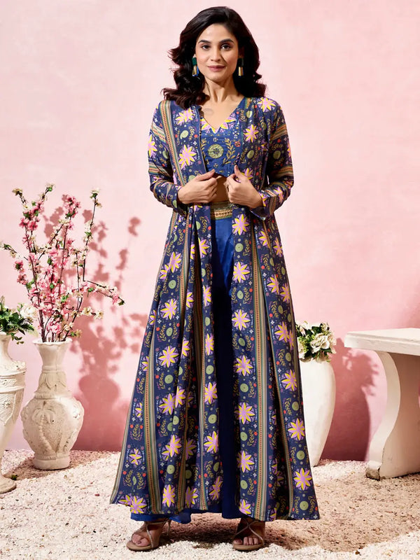 Charming Blue Printed Crepe Designer Crop Top Palazzo With Shrug - Zeel Clothing
