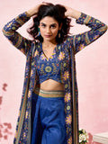 Charming Blue Printed Crepe Designer Crop Top Palazzo With Shrug - Zeel Clothing