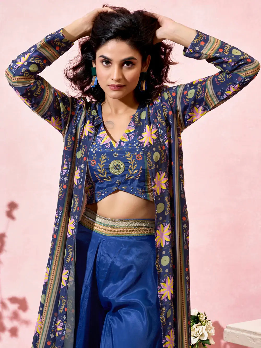 Charming Blue Printed Crepe Designer Crop Top Palazzo With Shrug - Zeel Clothing