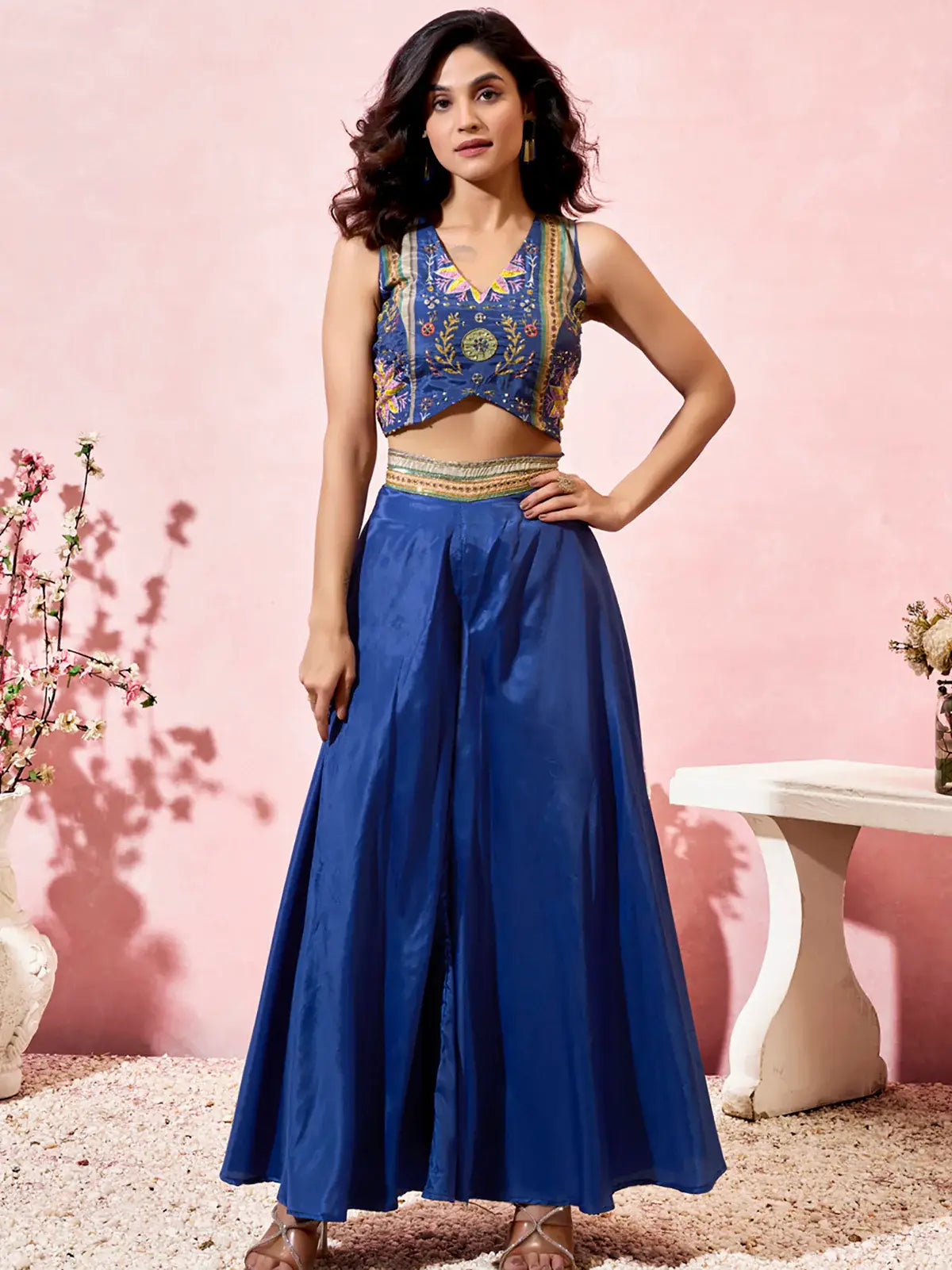 Charming Blue Printed Crepe Designer Crop Top Palazzo With Shrug - Zeel Clothing