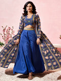 Charming Blue Printed Crepe Designer Crop Top Palazzo With Shrug - Zeel Clothing