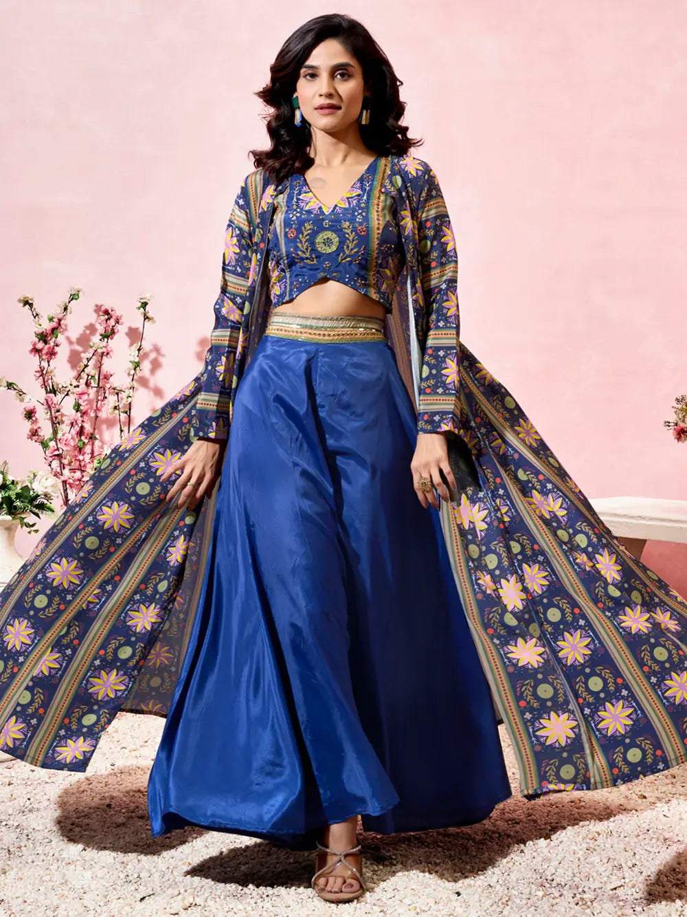 Charming Blue Printed Crepe Designer Crop Top Palazzo With Shrug - Zeel Clothing