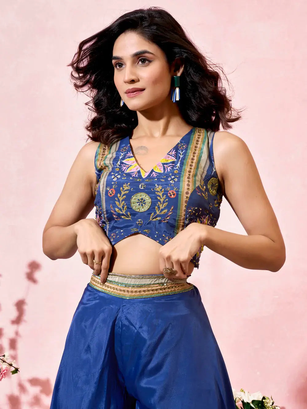 Charming Blue Printed Crepe Designer Crop Top Palazzo With Shrug - Zeel Clothing
