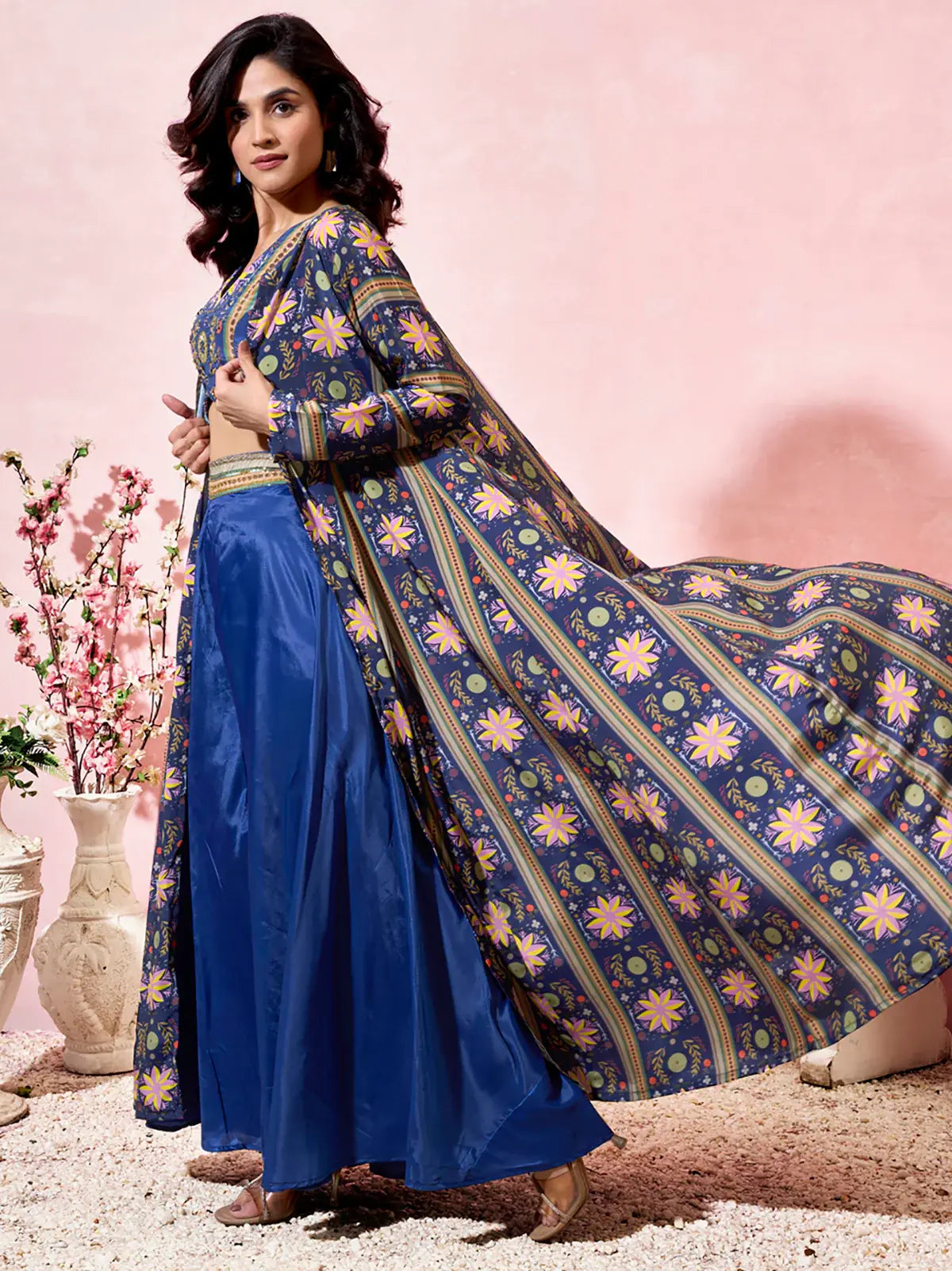 Charming Blue Printed Crepe Designer Crop Top Palazzo With Shrug - Zeel Clothing