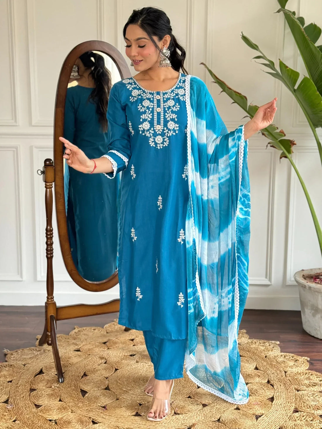 Charming Blue Thread Embroidered Rayon Pant Suit With Dupatta - Zeel Clothing