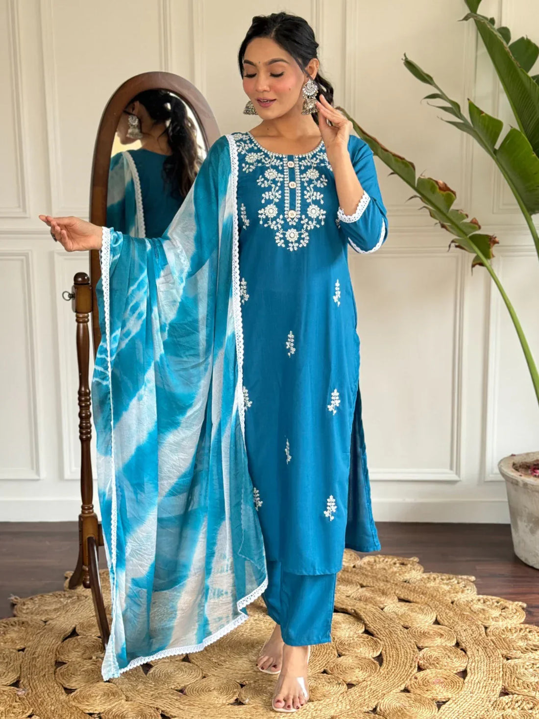 Charming Blue Thread Embroidered Rayon Pant Suit With Dupatta - Zeel Clothing