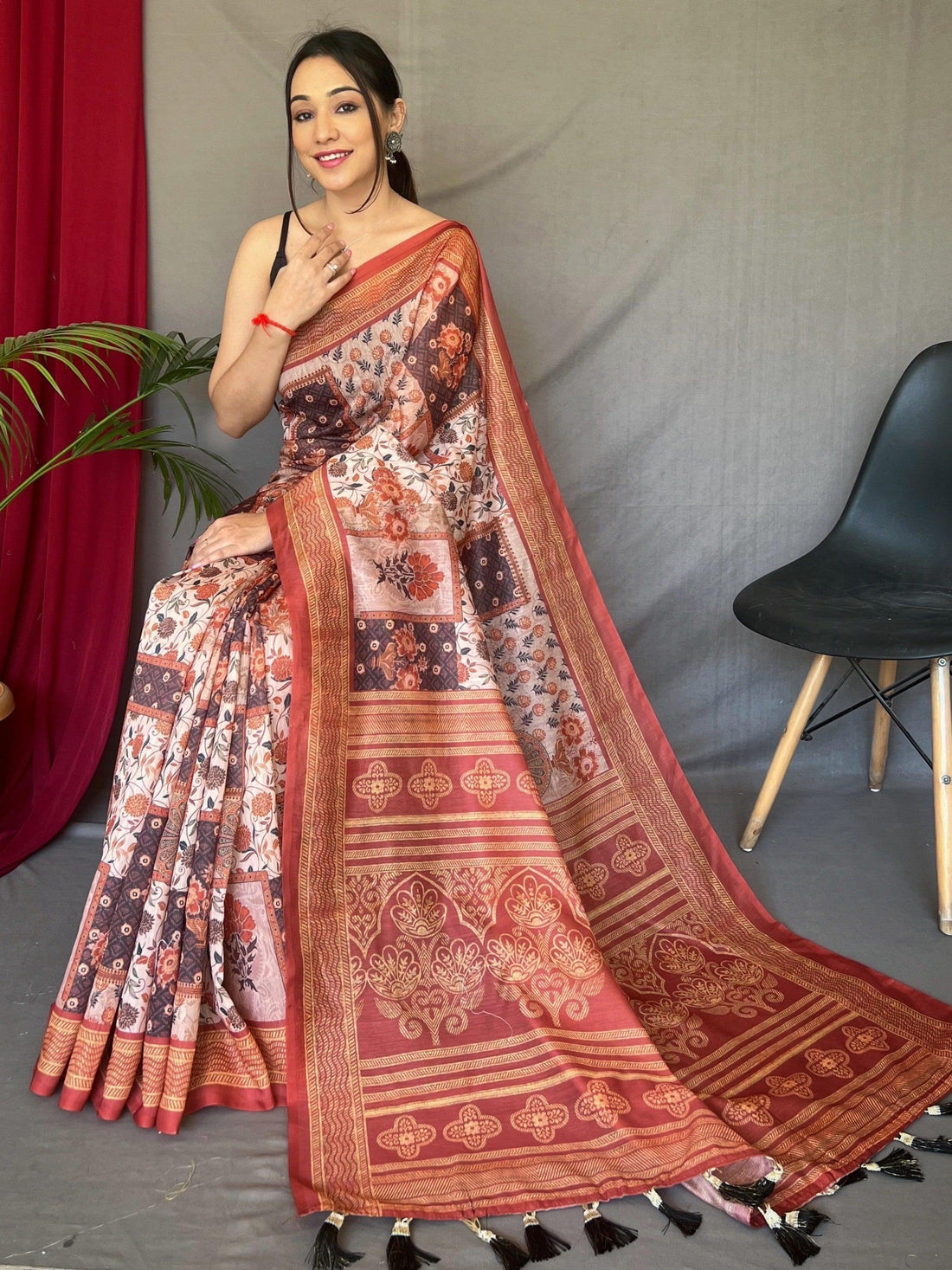 Charming Brown Digital Printed Cotton Traditional Saree With Blouse