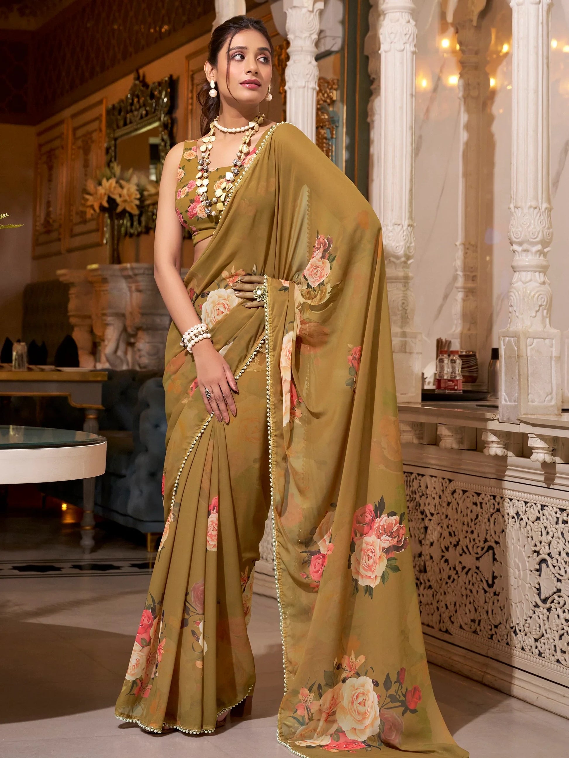 Charming Brown Digital Printed Georgette Casual Wear Saree With Blouse - Zeel Clothing