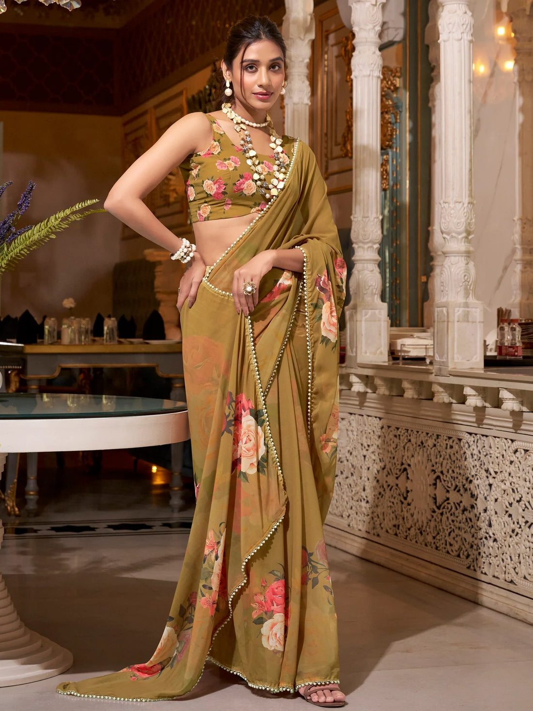 Charming Brown Digital Printed Georgette Casual Wear Saree With Blouse - Zeel Clothing