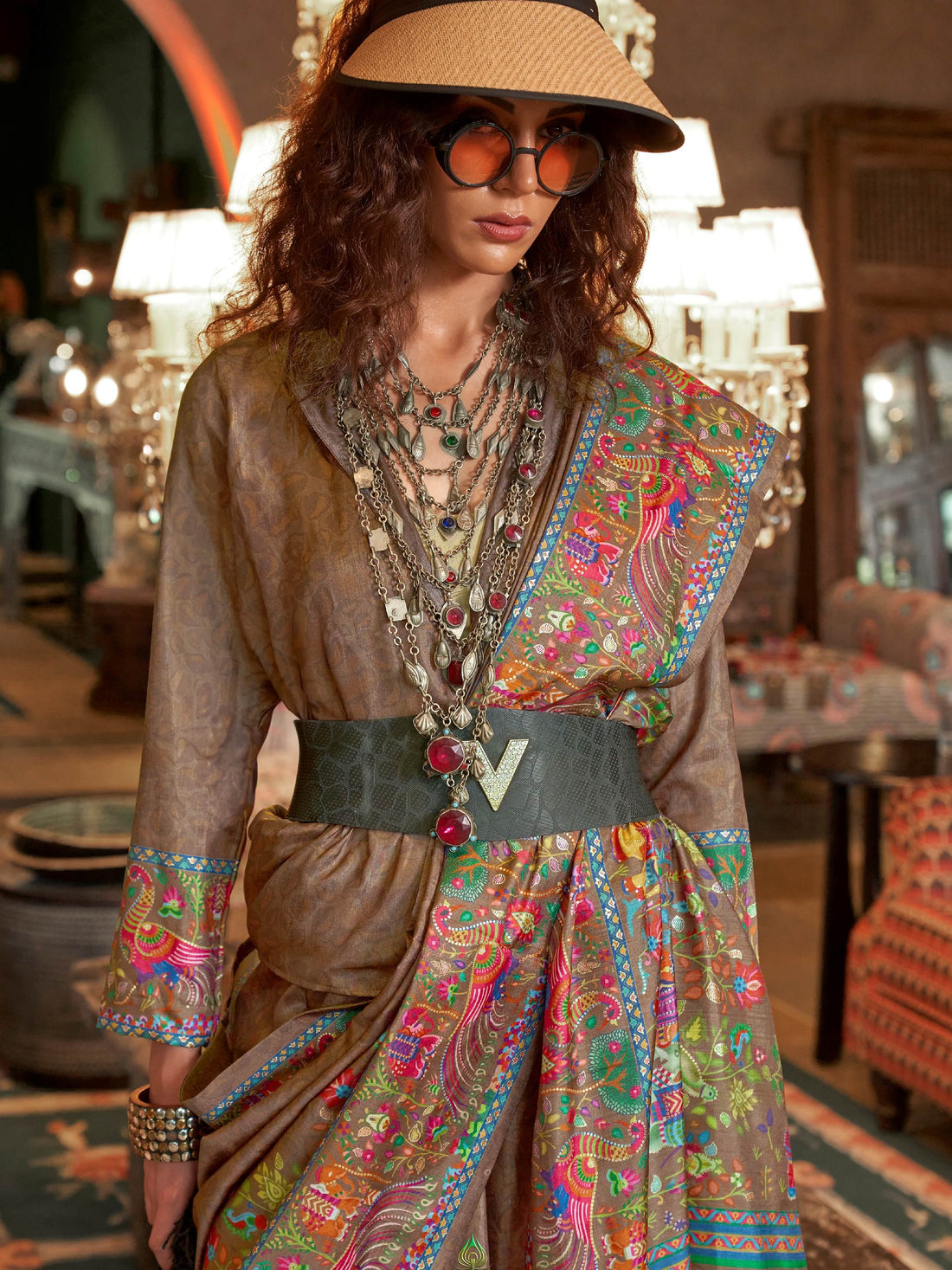 Charming Brown Digital Printed Silk Designer Saree With Blouse