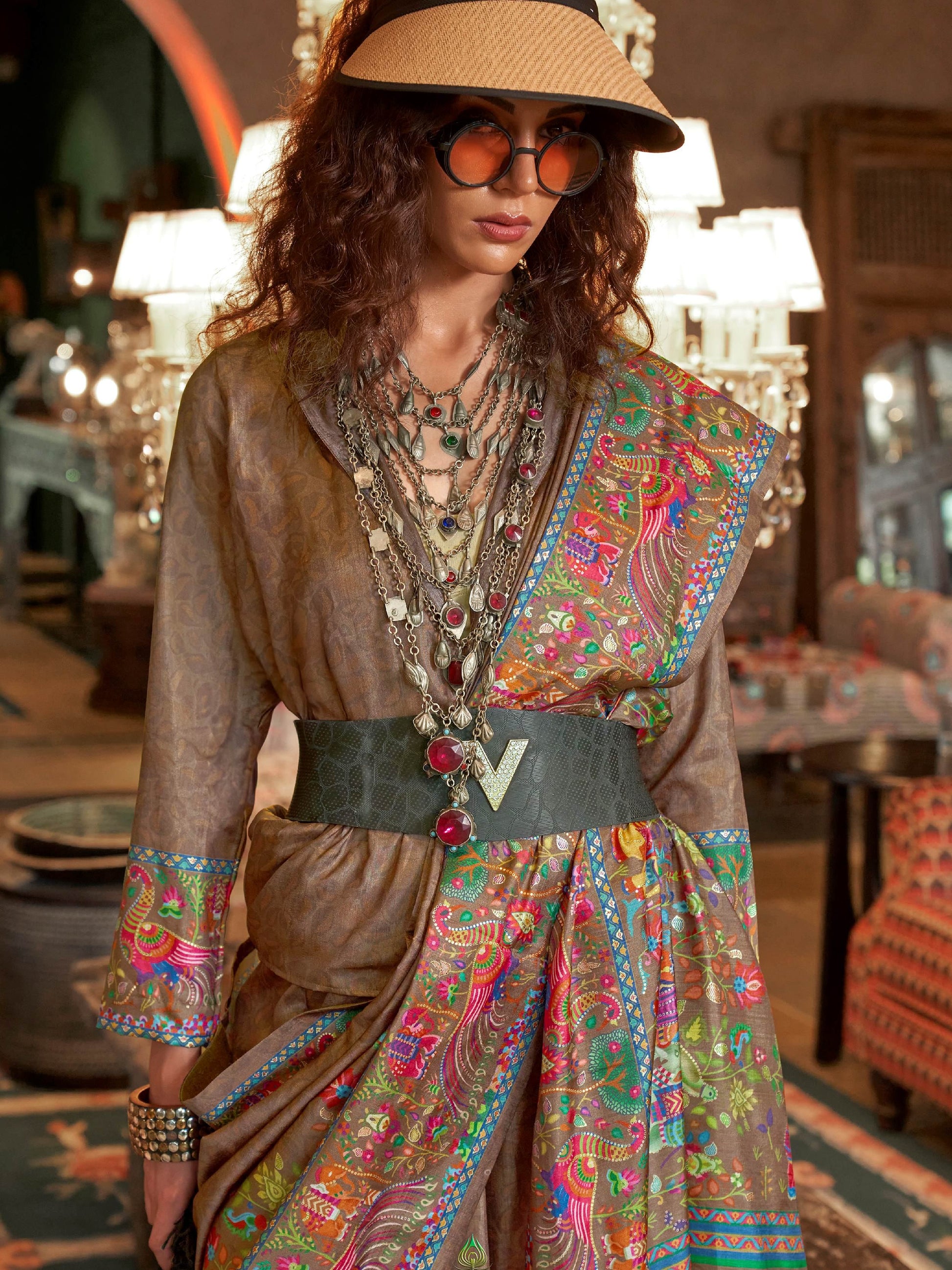 Charming Brown Digital Printed Silk Designer Saree With Blouse
