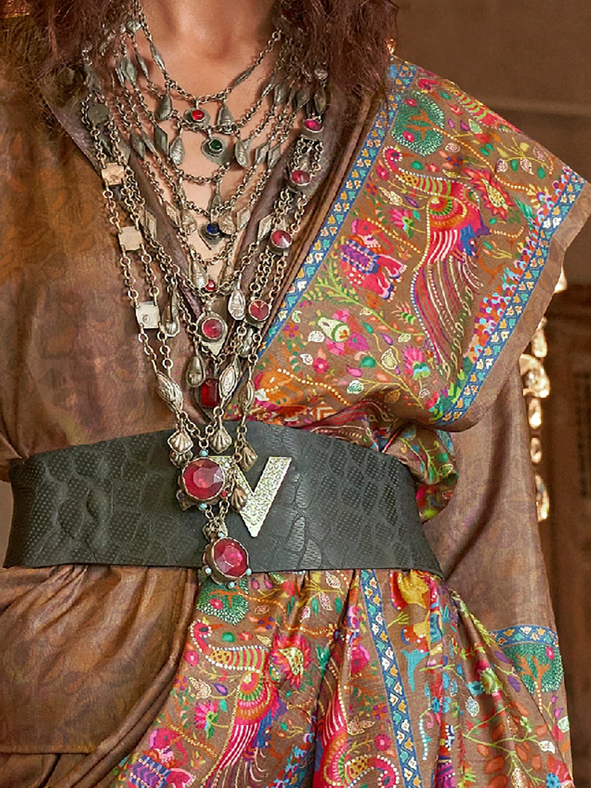 Charming Brown Digital Printed Silk Designer Saree With Blouse