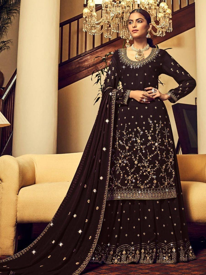 Charming Brown Embroidered Georgette Lehenga Style Suit