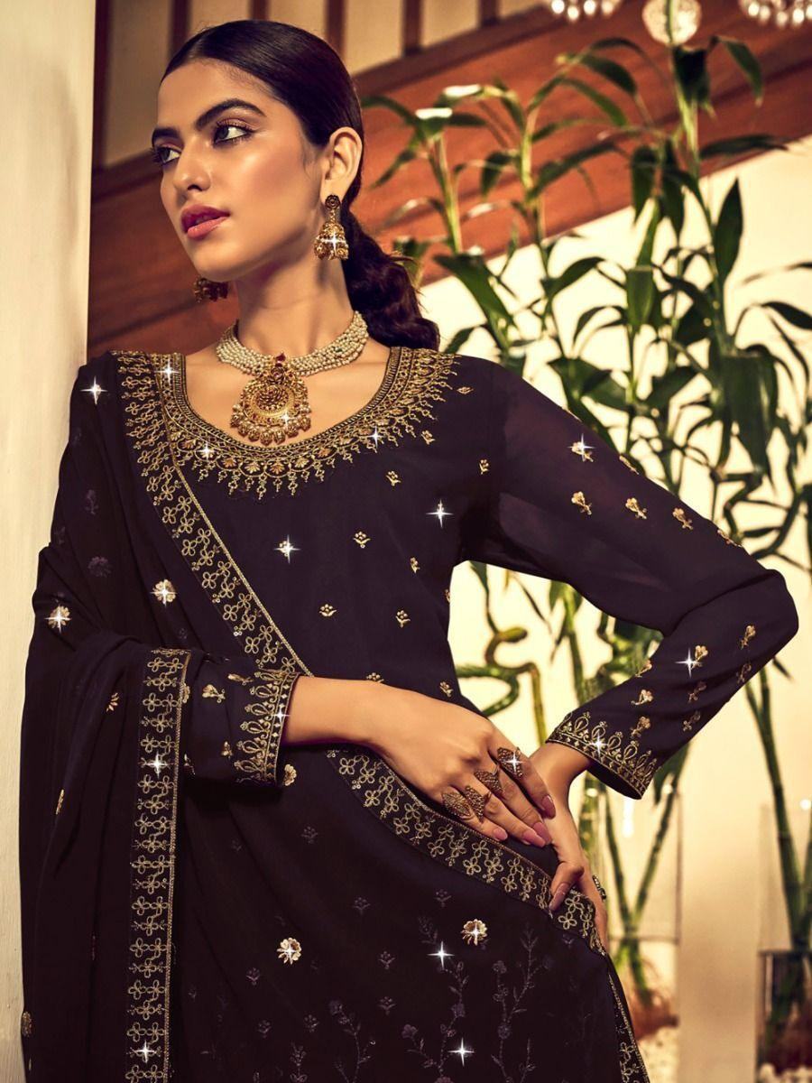 Charming Brown Embroidered Georgette Lehenga Style Suit