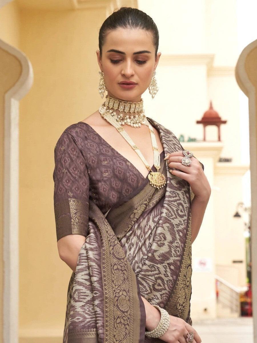 Charming Brown Zari Woven Silk Festive Wear Saree With Blouse