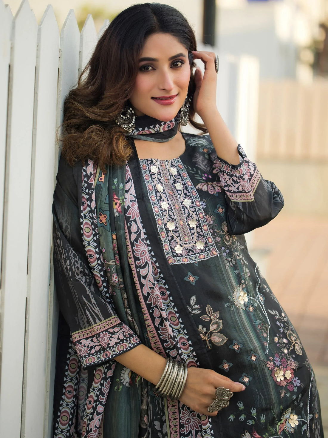 Charming Charcoal Black Digital Print Chinon Casual Wear Palazzo Suit
