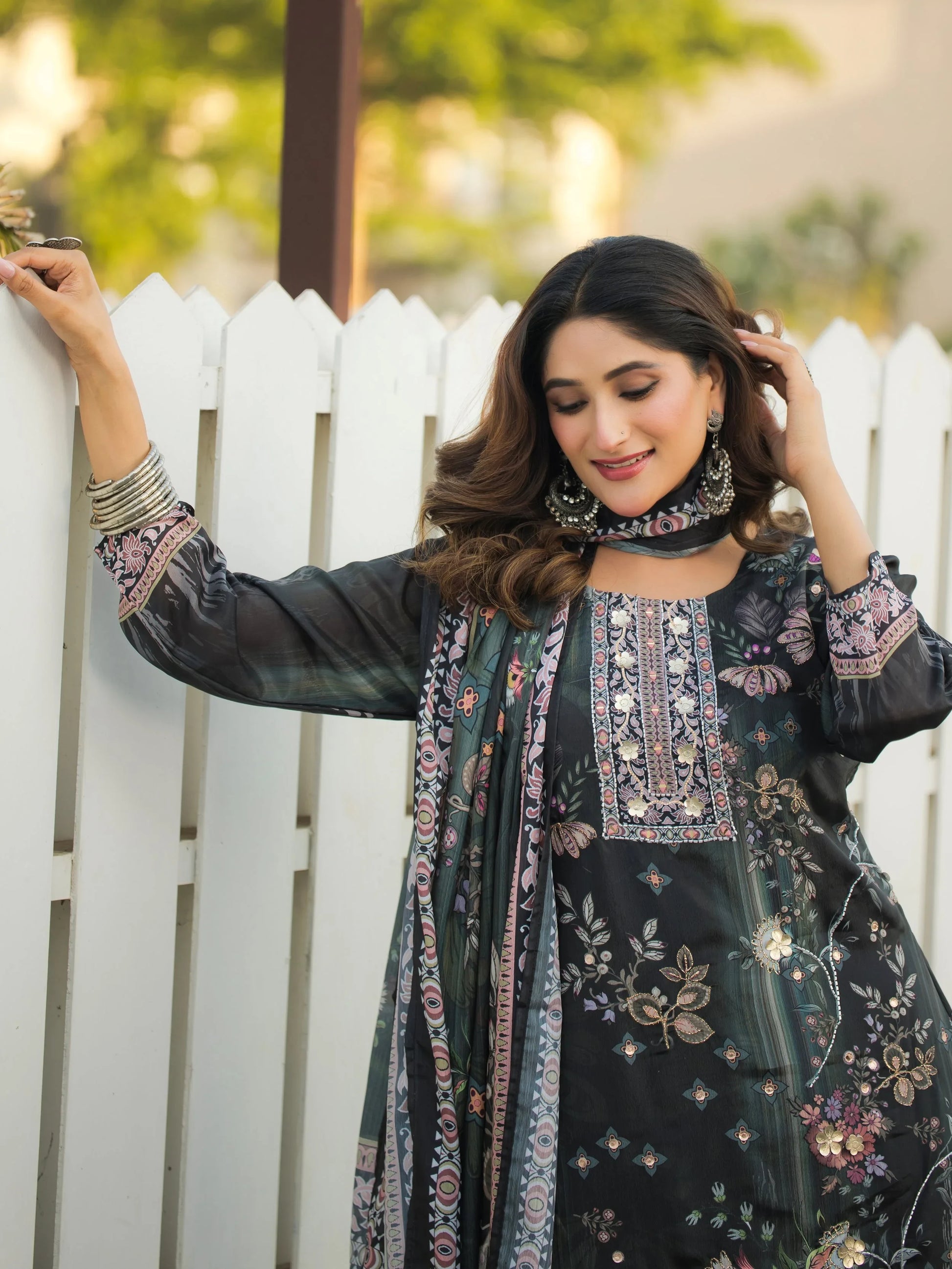 Charming Charcoal Black Digital Print Chinon Casual Wear Palazzo Suit