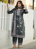 Charming Charcoal Black Digital Print Chinon Casual Wear Palazzo Suit