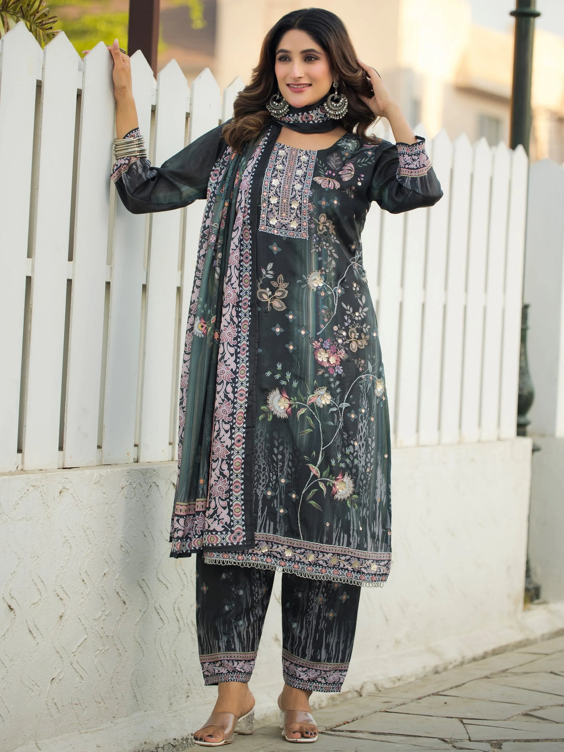 Charming Charcoal Black Digital Print Chinon Casual Wear Palazzo Suit