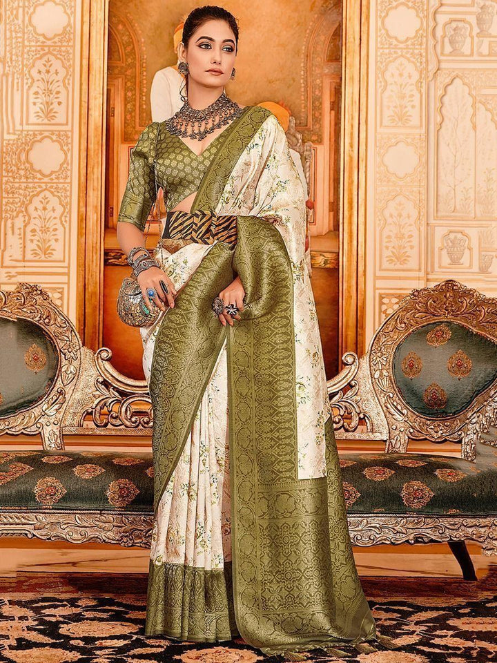 Charming Cream Floral Print Softy Silk Reception Wear Saree