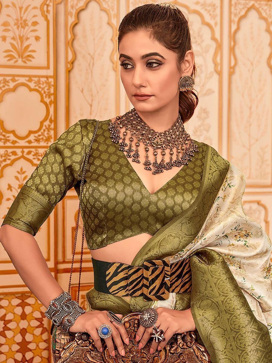 Charming Cream Floral Print Softy Silk Reception Wear Saree