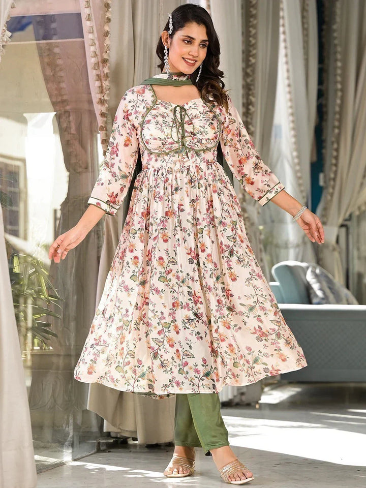 Charming Cream Floral Printed Georgette Readymade Pant Suit