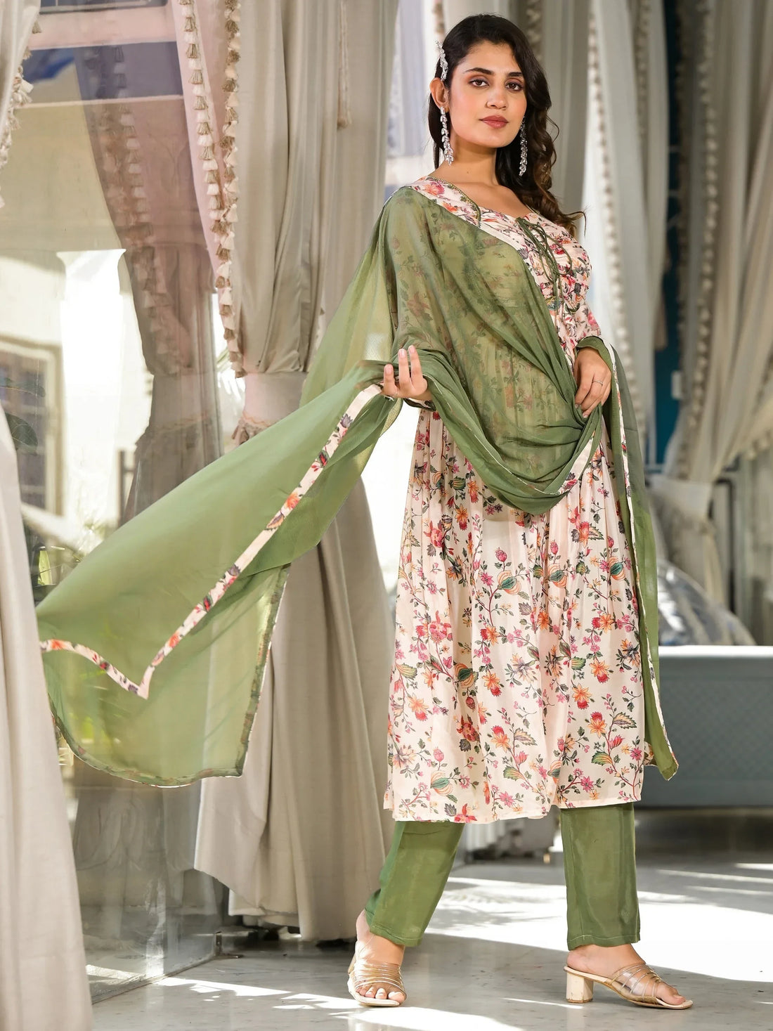 Charming Cream Floral Printed Georgette Readymade Pant Suit