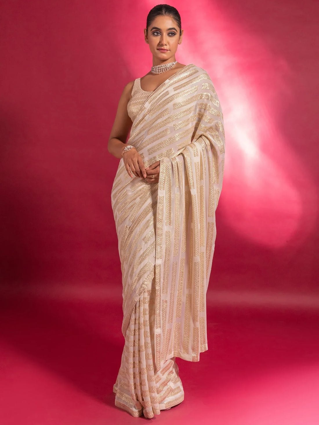 Charming Cream Sequins Georgette Party Wear Saree With Blouse - Zeel Clothing