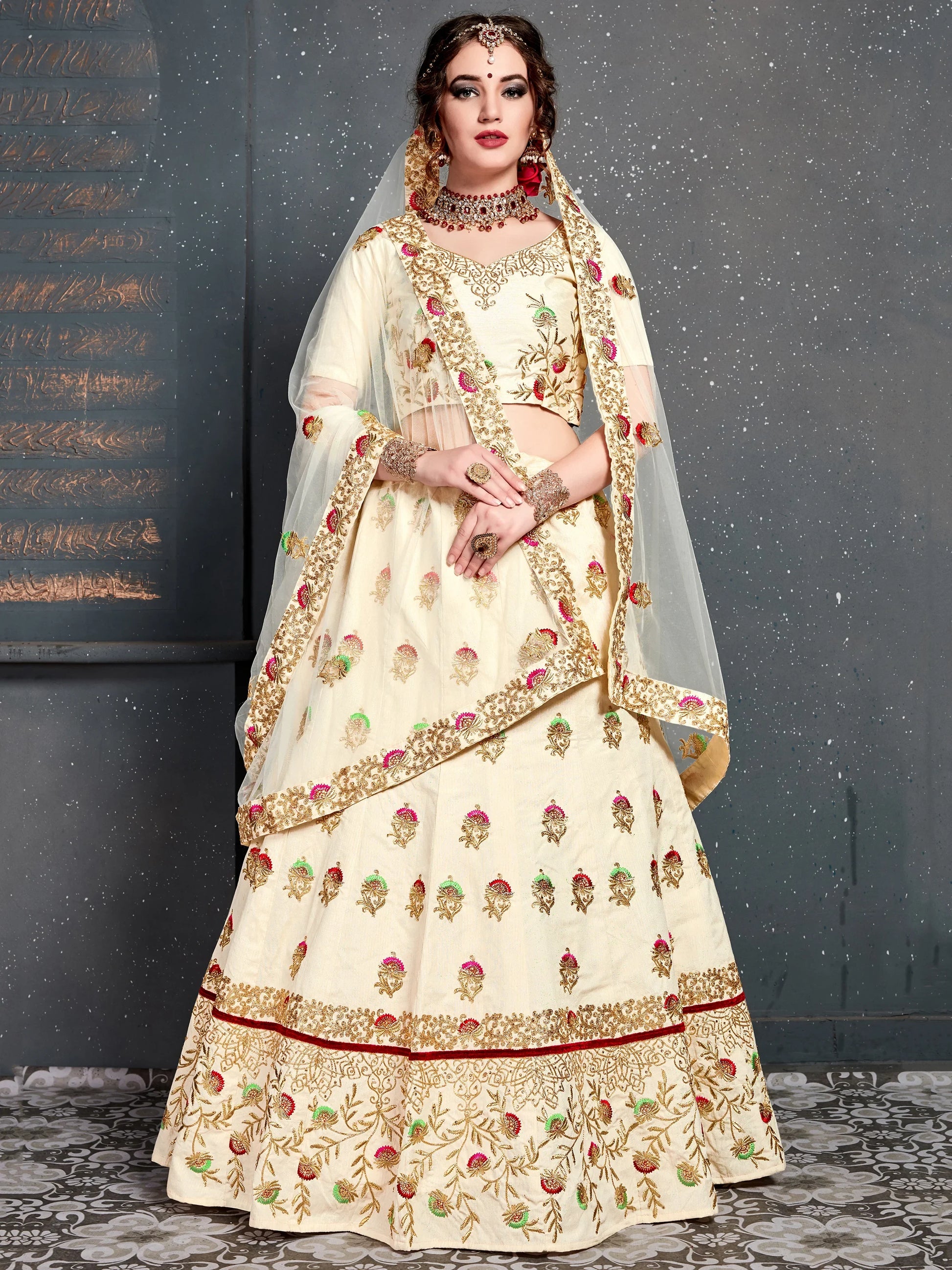 Charming Cream Zari Embroidered Silk Wedding Lehenga Choli - Zeel Clothing