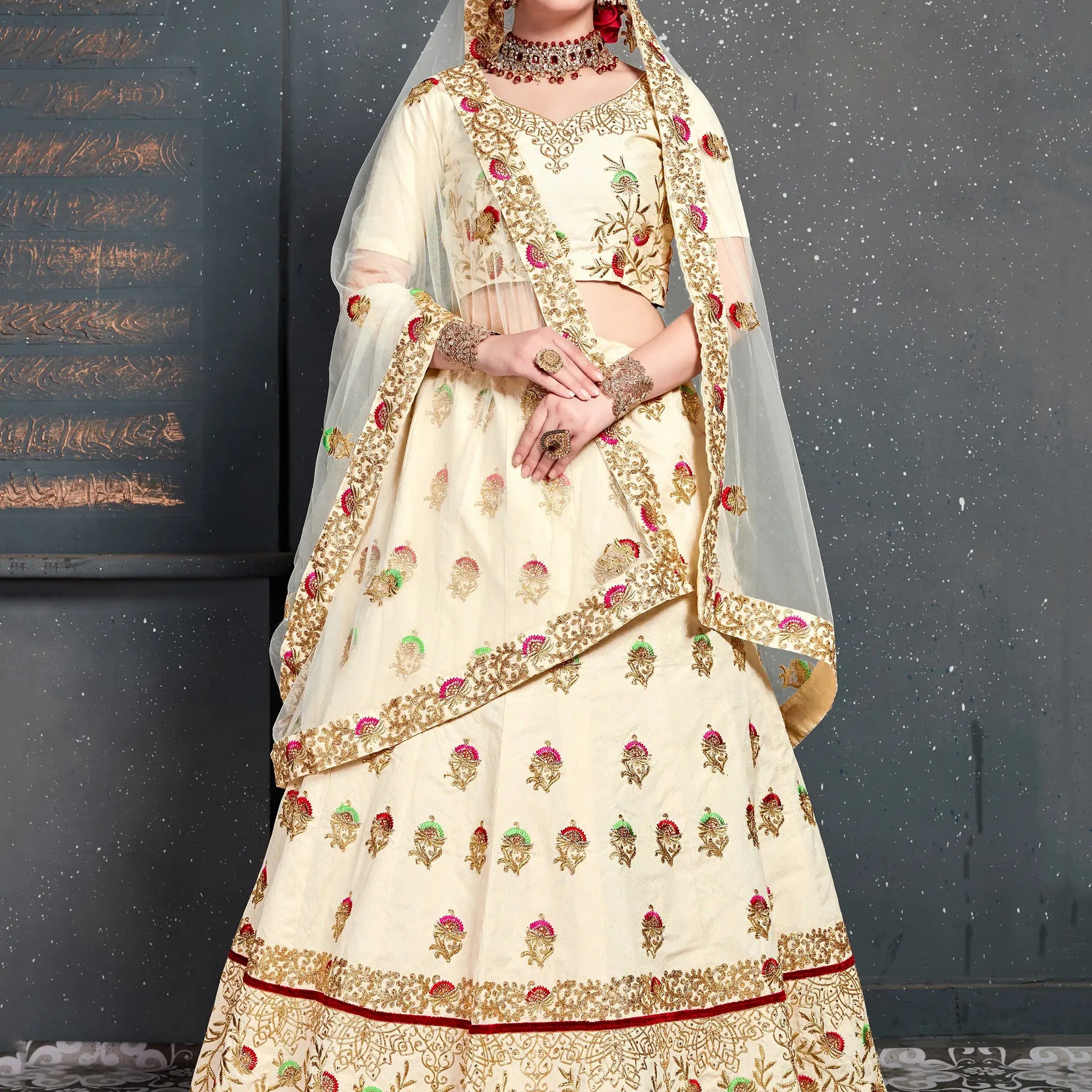 Charming Cream Zari Embroidered Silk Wedding Lehenga Choli - Zeel Clothing