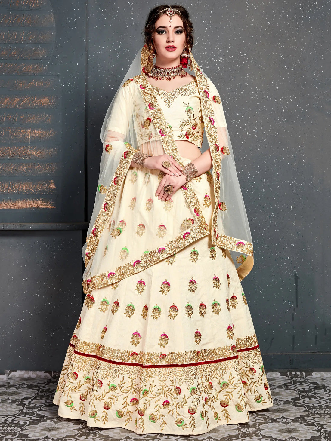 Charming Cream Zari Embroidered Silk Wedding Lehenga Choli - Zeel Clothing