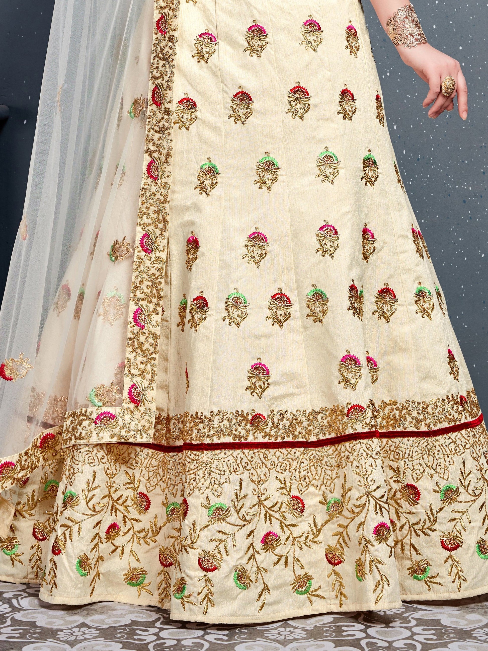 Charming Cream Zari Embroidered Silk Wedding Lehenga Choli - Zeel Clothing