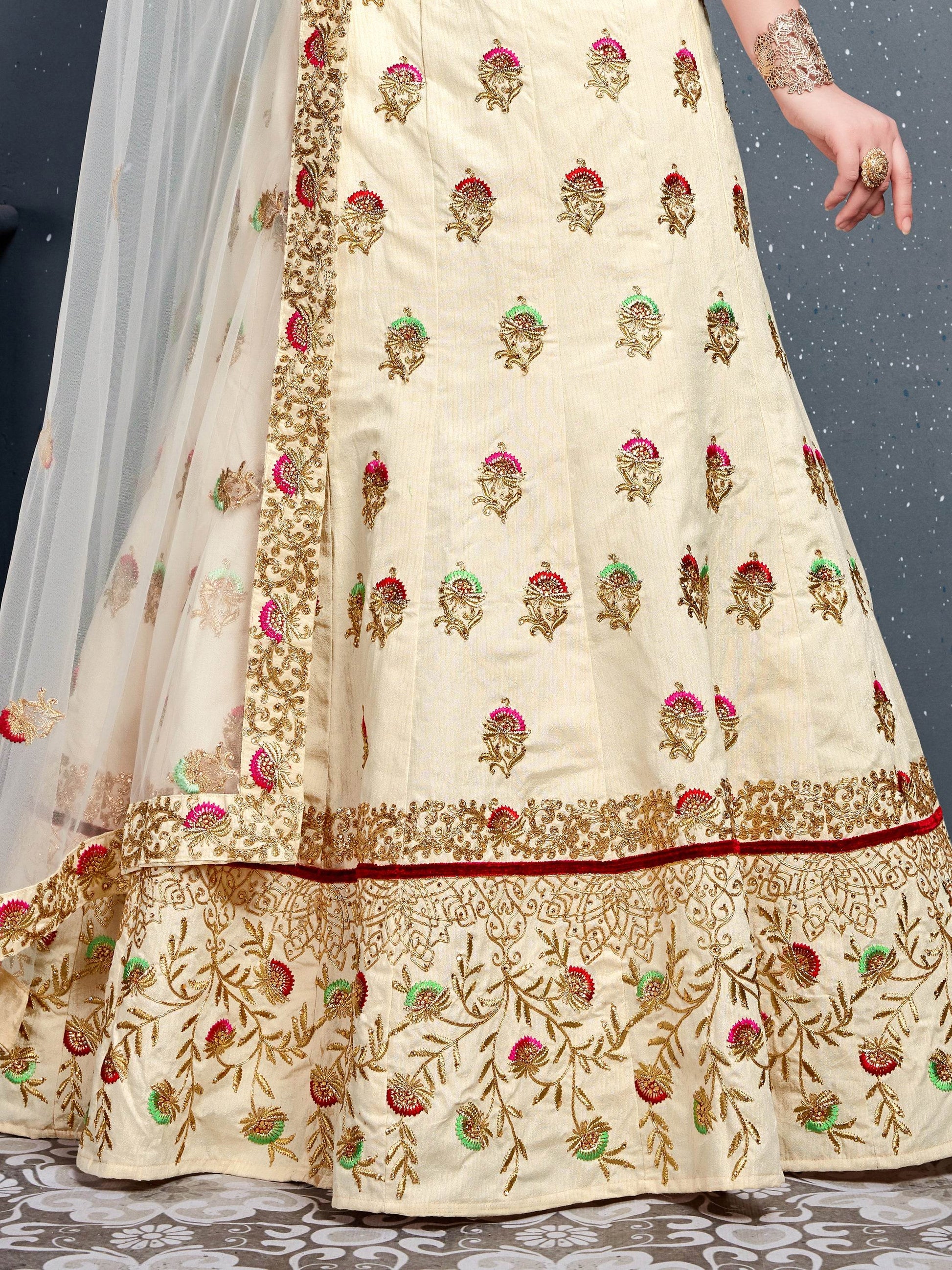 Charming Cream Zari Embroidered Silk Wedding Lehenga Choli - Zeel Clothing