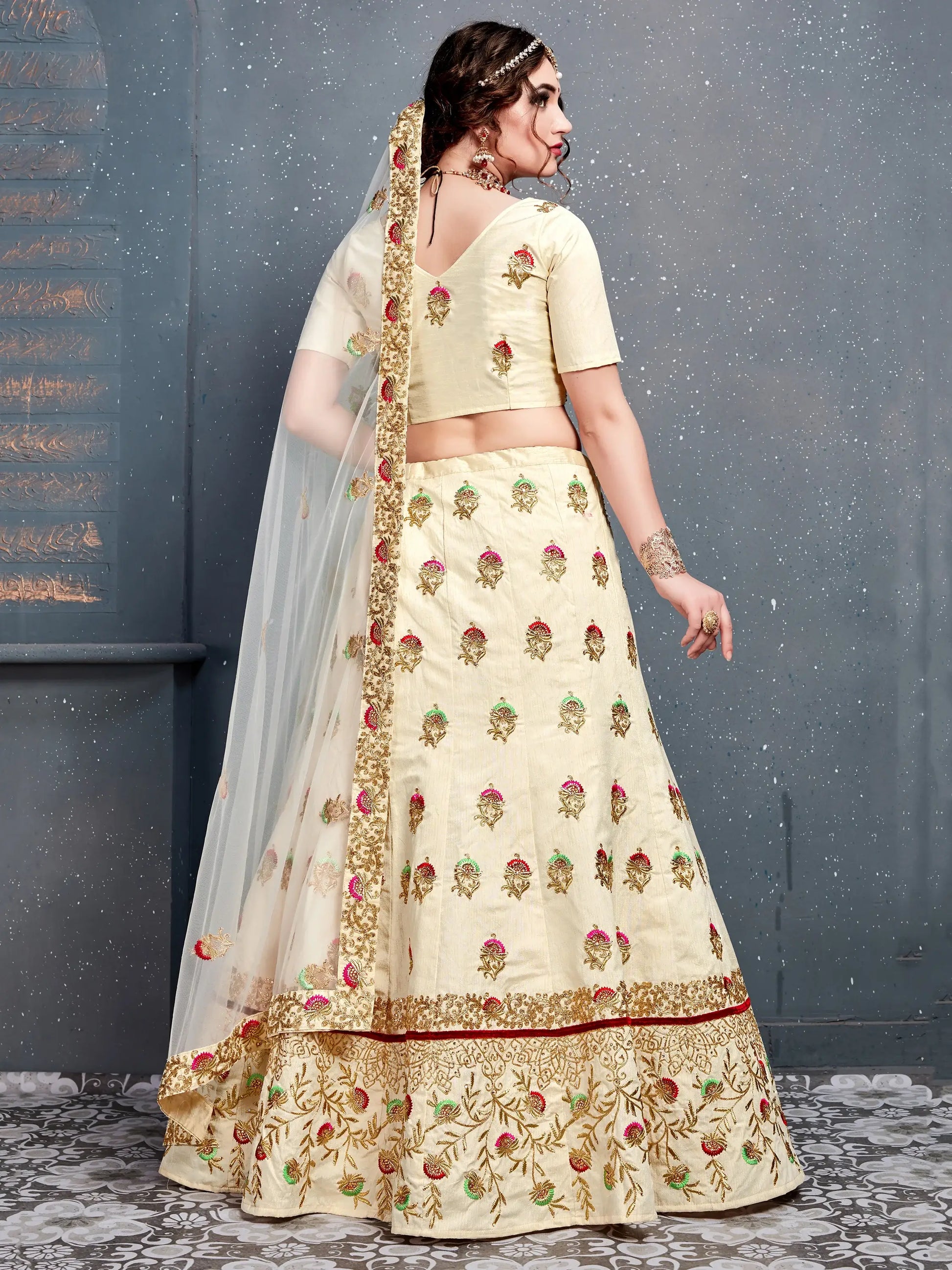 Charming Cream Zari Embroidered Silk Wedding Lehenga Choli - Zeel Clothing