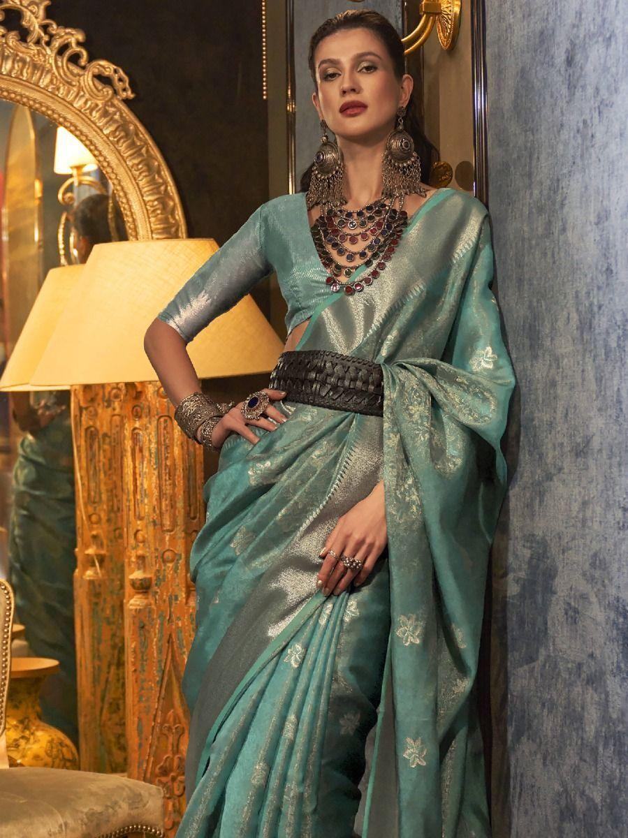 Charming Cyan Blue Zari Weaving Organza Event Wear Saree