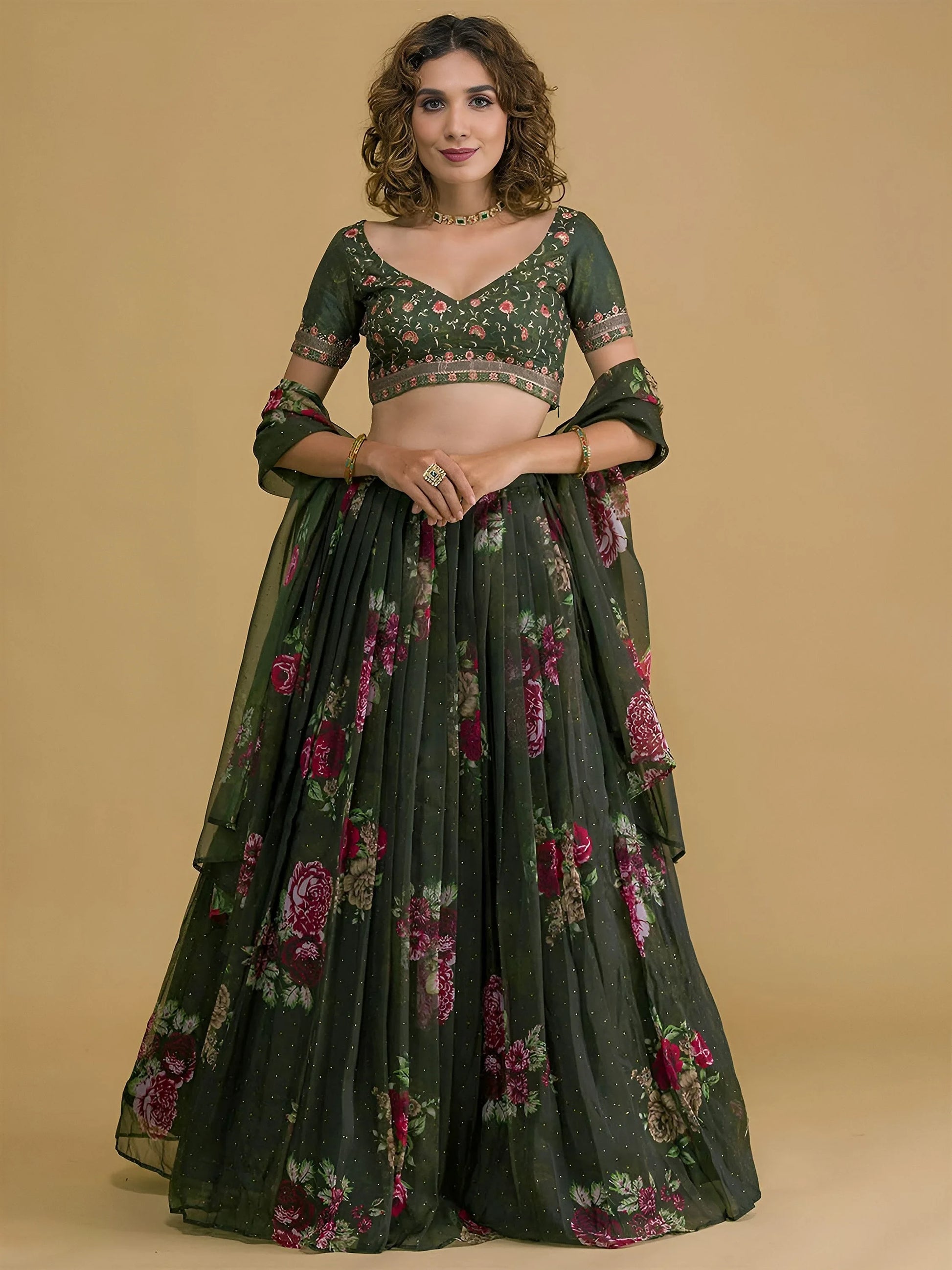 Charming Dark Green Floral Printed Organza Designer Lehenga Choli