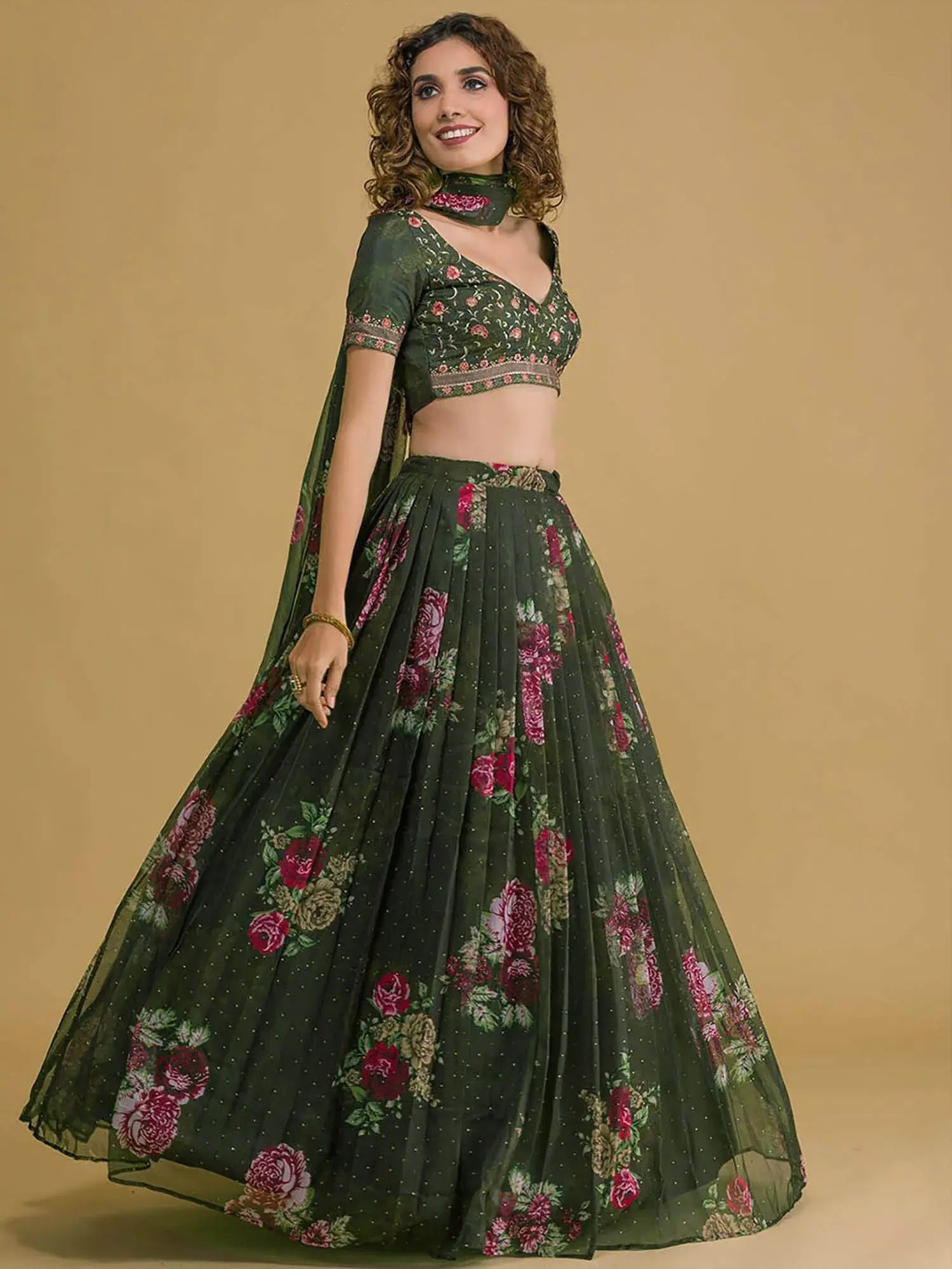 Charming Dark Green Floral Printed Organza Designer Lehenga Choli - Zeel Clothing