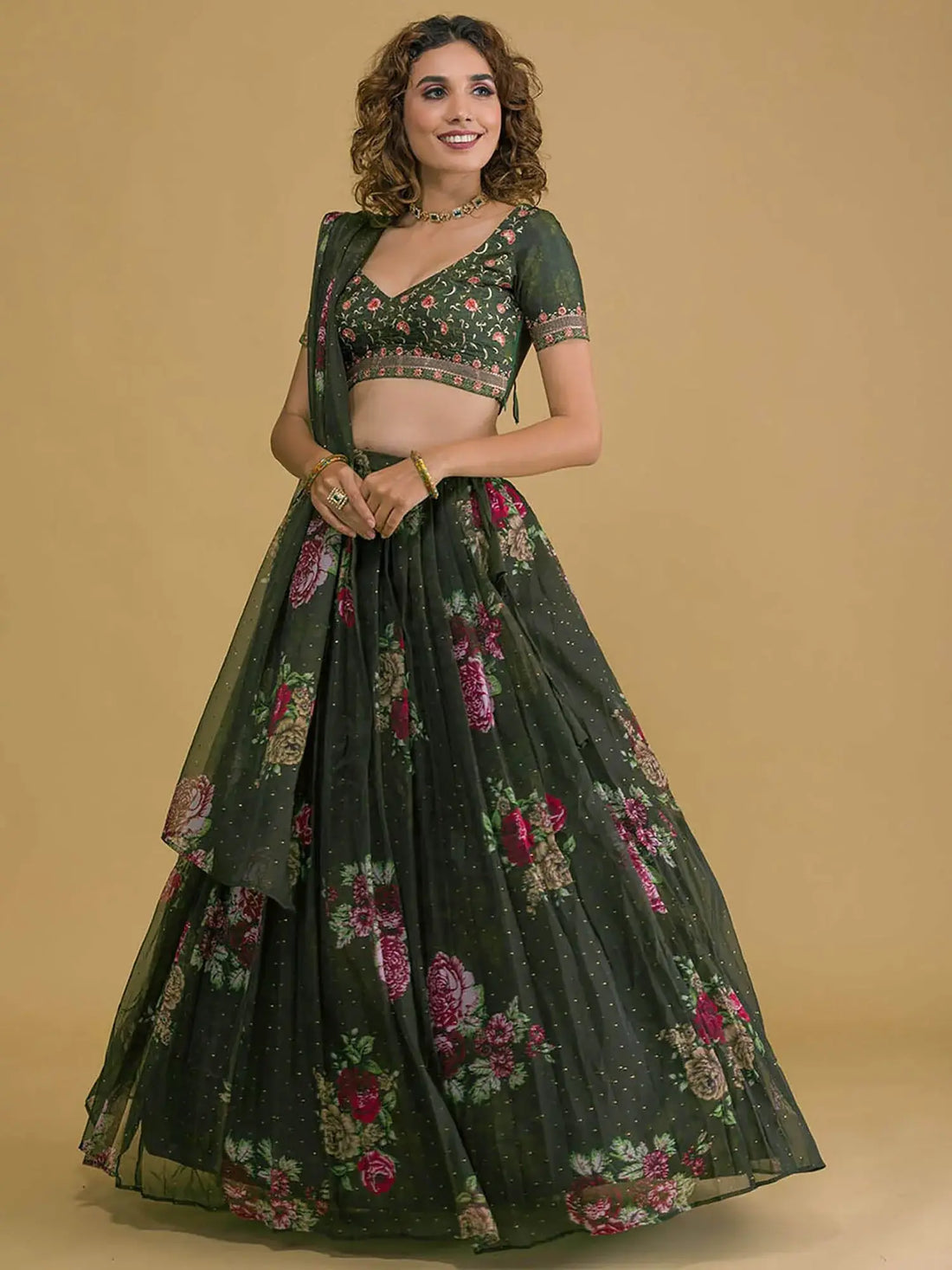 Charming Dark Green Floral Printed Organza Designer Lehenga Choli - Zeel Clothing