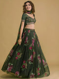 Charming Dark Green Floral Printed Organza Designer Lehenga Choli
