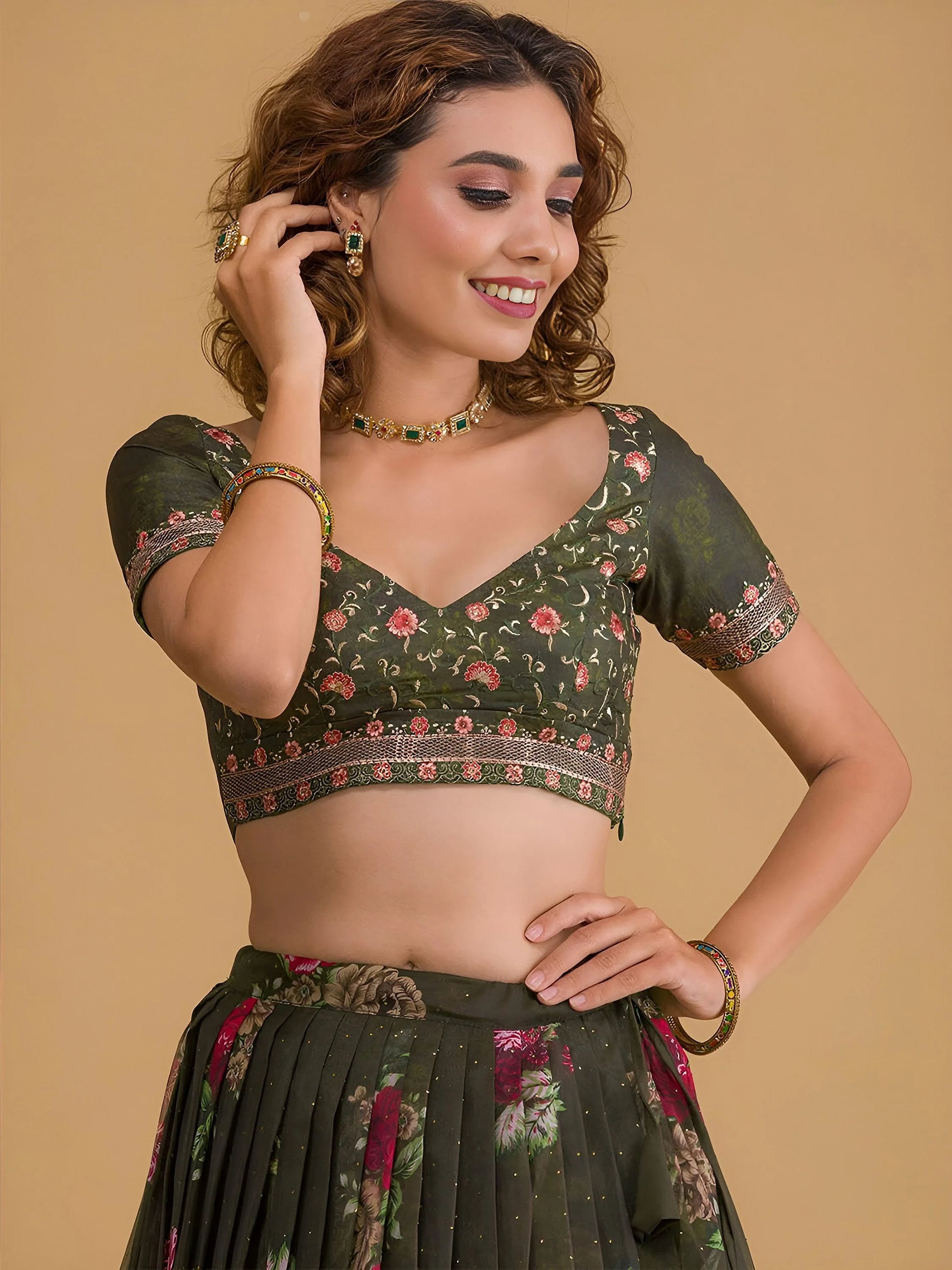 Charming Dark Green Floral Printed Organza Designer Lehenga Choli