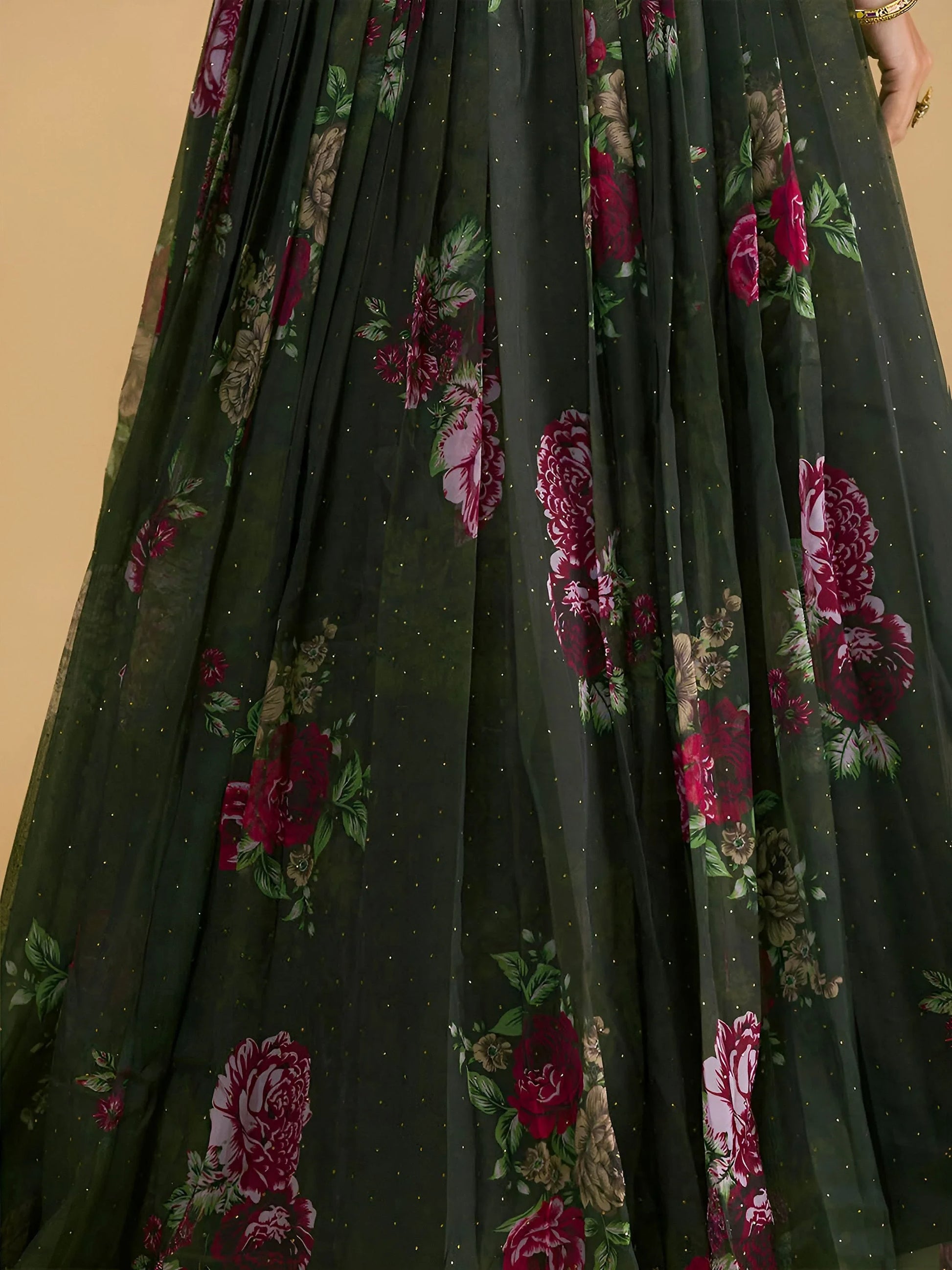 Charming Dark Green Floral Printed Organza Designer Lehenga Choli