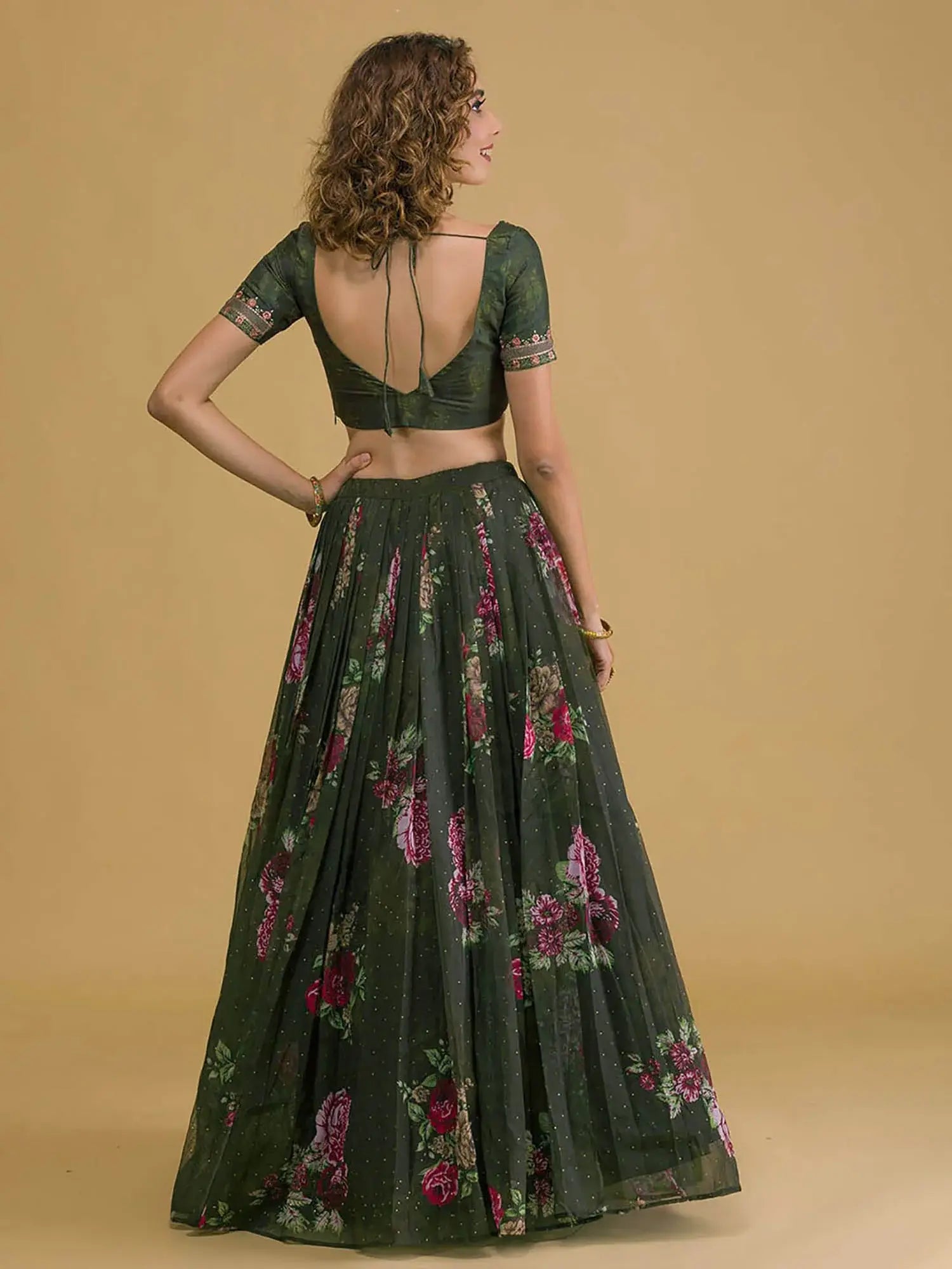 Charming Dark Green Floral Printed Organza Designer Lehenga Choli - Zeel Clothing