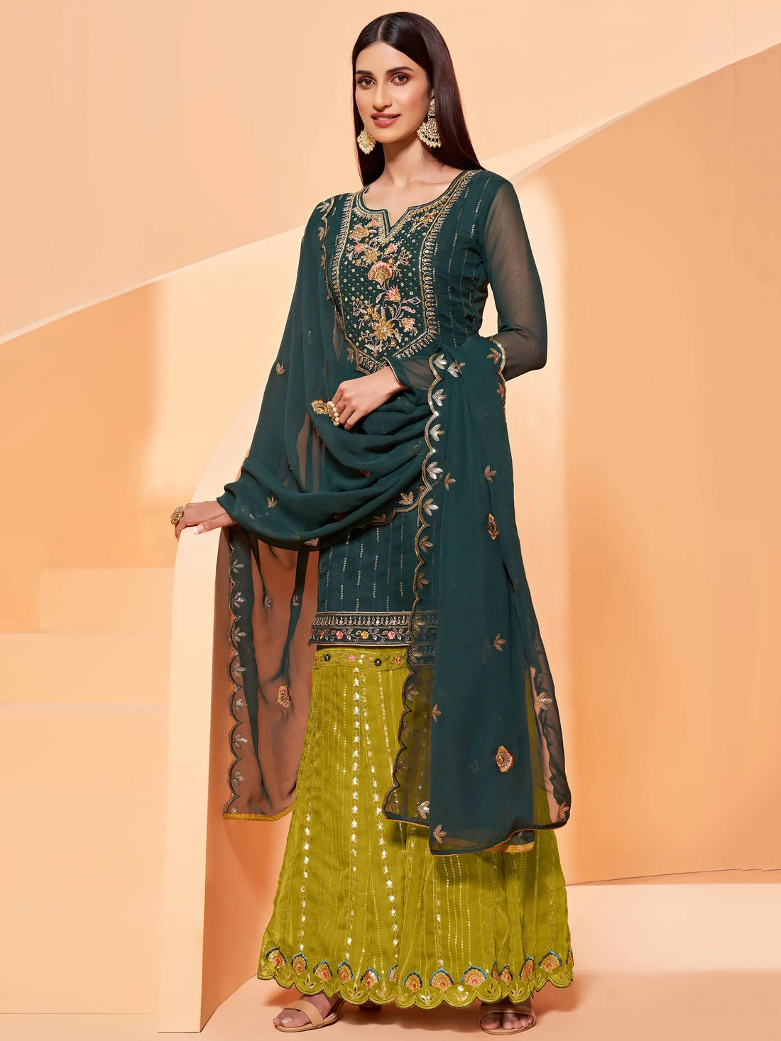 Charming Dark Green Sequins Georgette Festival Wear Sharara Suit - Zeel Clothing