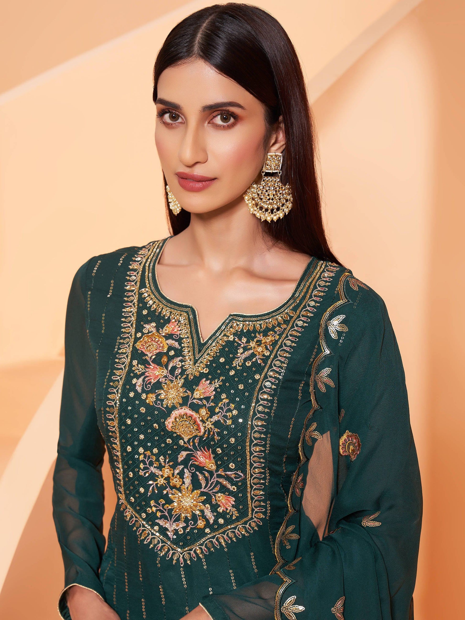 Charming Dark Green Sequins Georgette Festival Wear Sharara Suit - Zeel Clothing