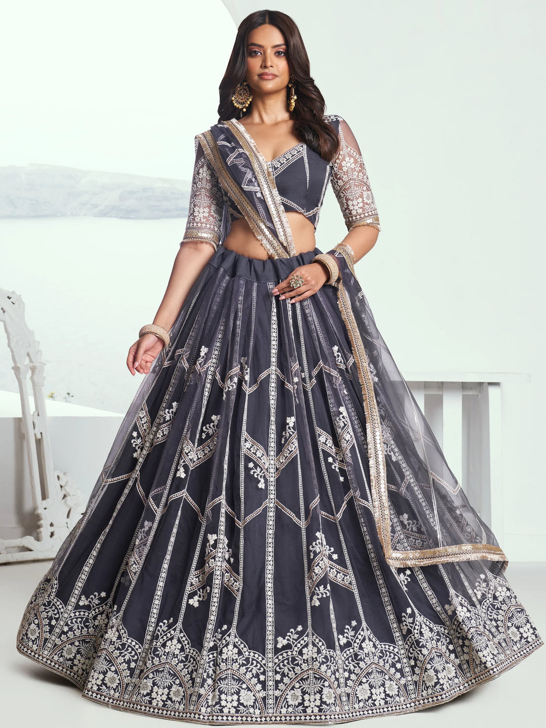 Charming Dark Grey Embroidered Net Reception Wear Lehenga Choli - Zeel Clothing